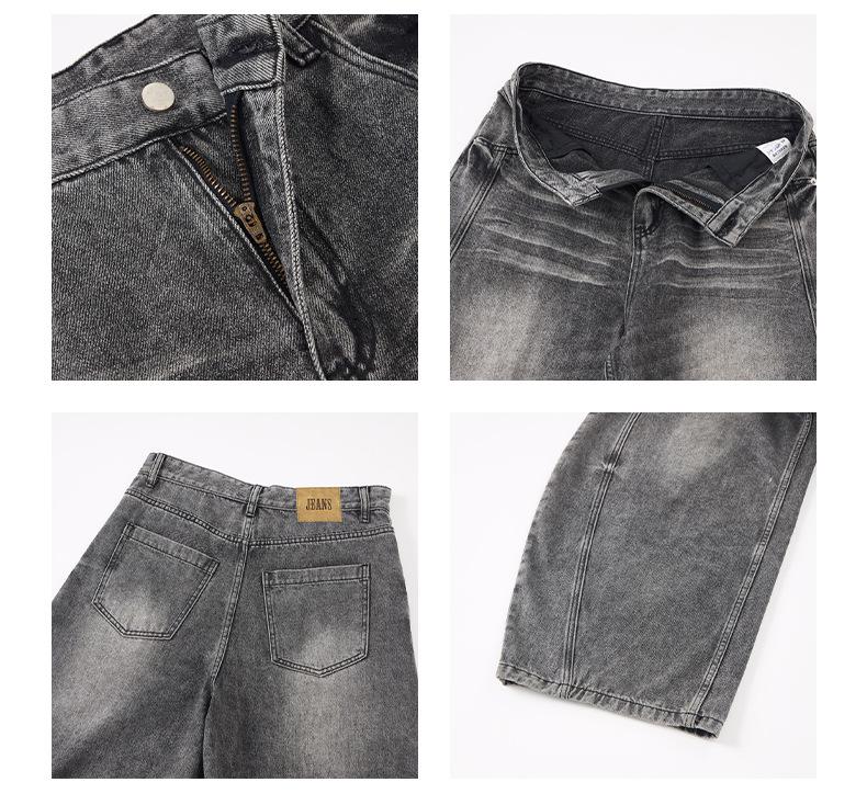 Men's Distressed Black-Gray Curved Blade Baggy Jeans - Unisex Casual Floor-Length Pants