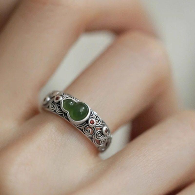 Chinesischer S925 Sterling Silber Wolkenkürbis Ring: Retro-Hofstil Verstellbarer Damenring mit eingelegtem Fu Lu Symbol