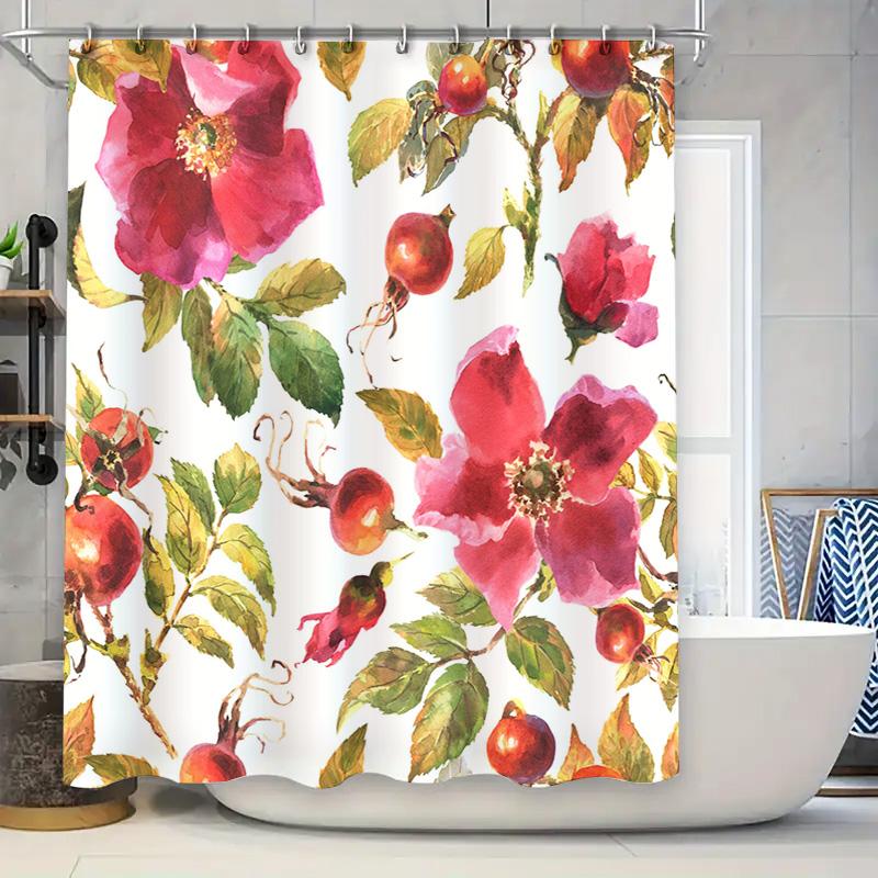 

Luxury Floral Print Shower Curtain Pink Red Flowers with Green Leaves Decorative Waterproof Bath Rug Room Decoration Home Access 90x180cm