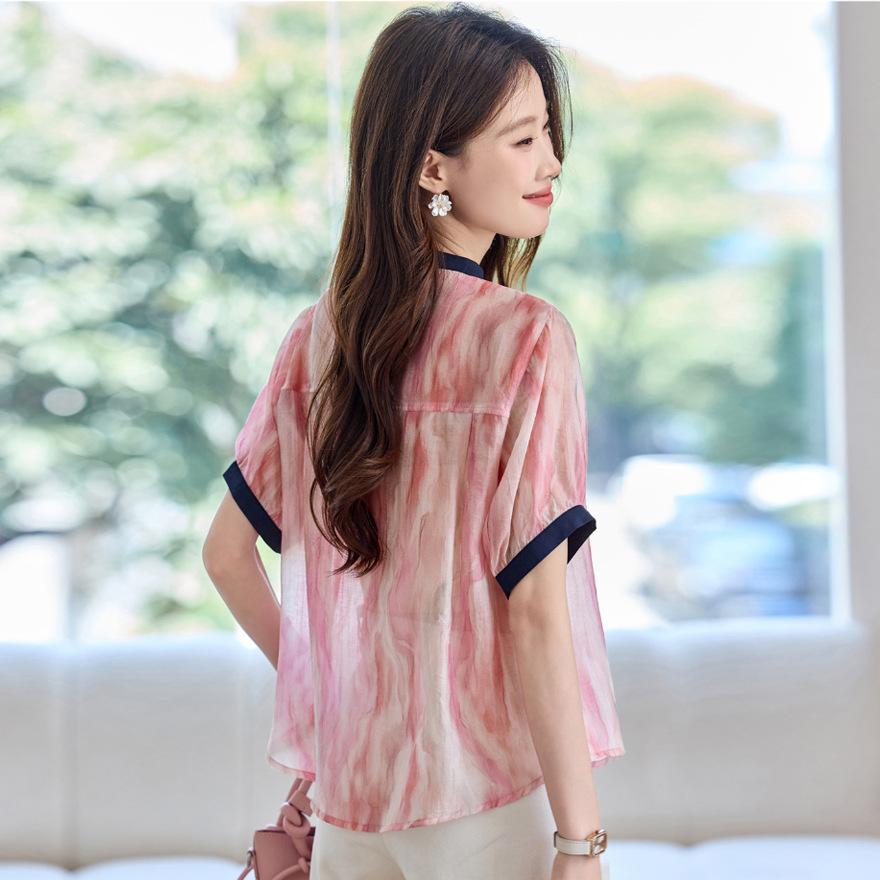 Tie-dye printed short-sleeved shirt women's summer new loose fashion contrasting color thin design top