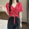 New Niche Design and Drawstring Short Sleeve Shirt Fashionable V-neck Short Plaid Top
