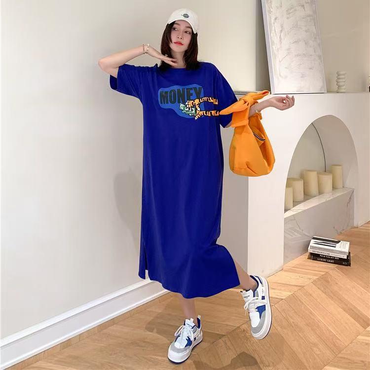Korean Style Summer Slit Print T-Shirt Dress for Women - Loose, Slimming, Short Sleeve, Oversized Nightdress