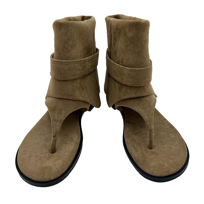 French Roman casual toe sandals women's 2025 summer new soft leather fashion belt buckle flat bottom hollow cool boots