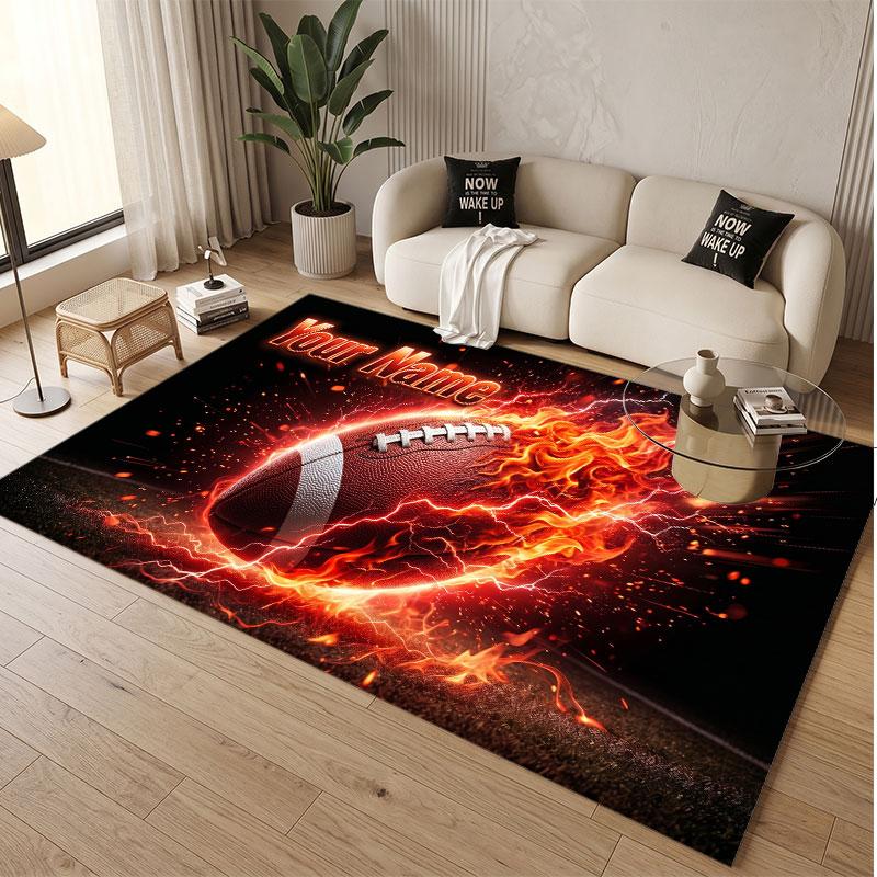 American Football Theme Soft Crystal Velvet Rug Custom Name & Text Print Non Slip Floor Rug for Bedroom Living Room