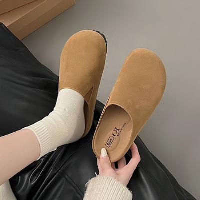 Retro Matte Suede Bag Head Half Slippers Women's 2024 Autumn New Thick-bottomed Protective Lazy Outer Wear Boken Slippers