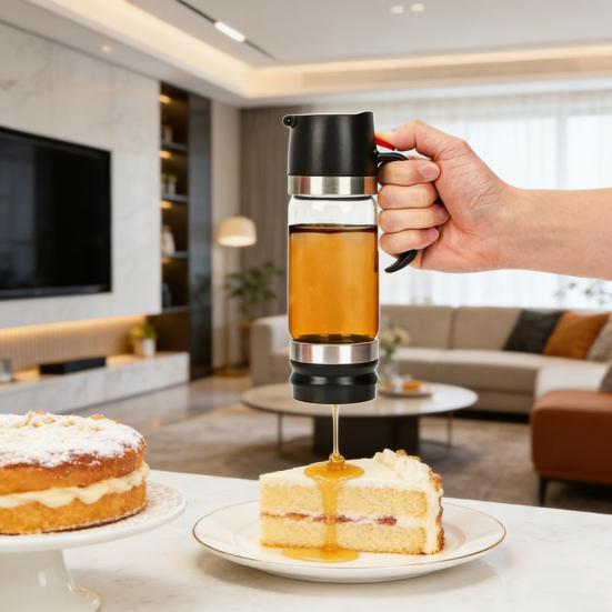 Press Honey Dispenser Bottle Syrup & Sauce Container with No-Drip Spout BPA-Free Plastic Honey Pourer Bottle for Kitchen Coffee Barbecue Use