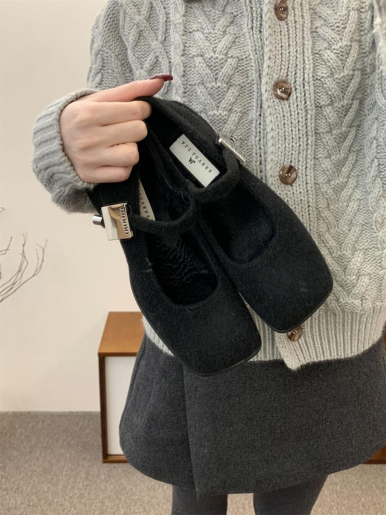 Shoes Coarse Heel Single Shoes Women's Fleece French Temperament Mary Jane Woolen Square Head Grandma Shoes High Heel Winter Fluffy