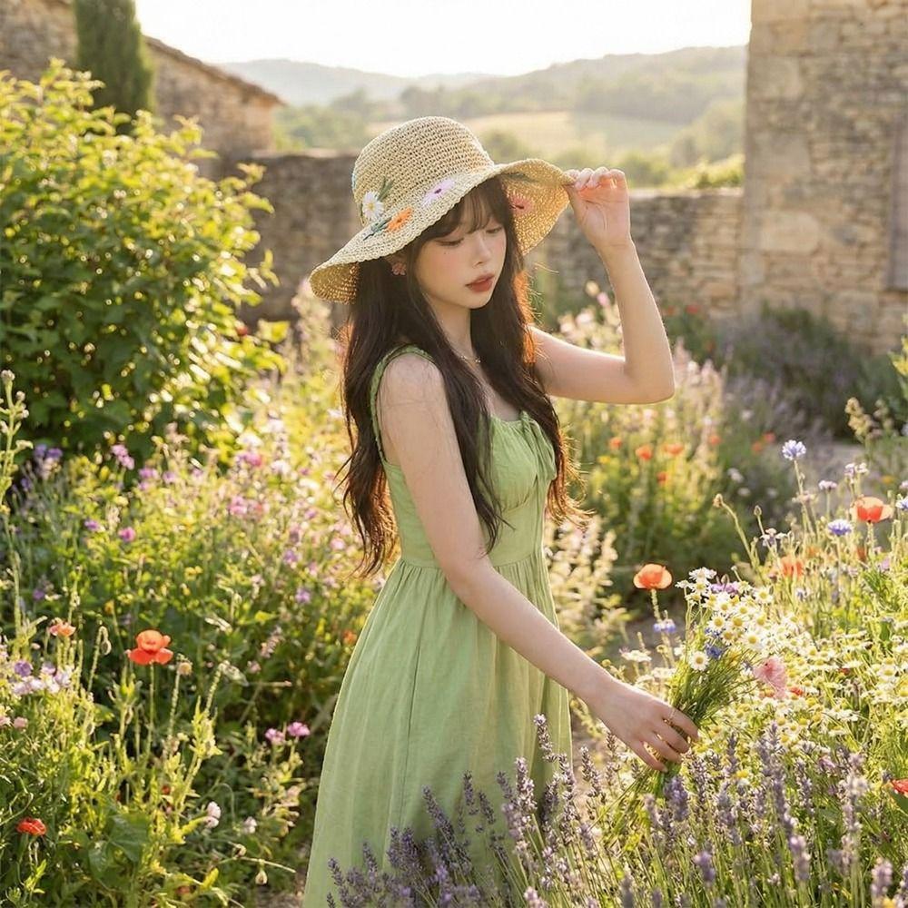 Embroidered Flower Flower Straw Hat Boho UV Protection Cap Sweet Women's Sun Hats  Travel