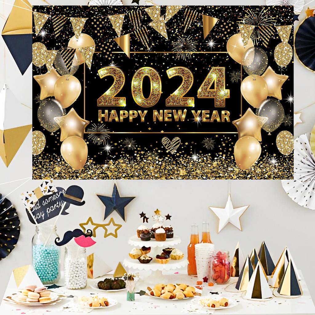 2024 New Year Party Backdrop Firework Clock Bokeh Champagne Photocall Celebrate Banner Boy Girl Adult Backgrounds Decoration