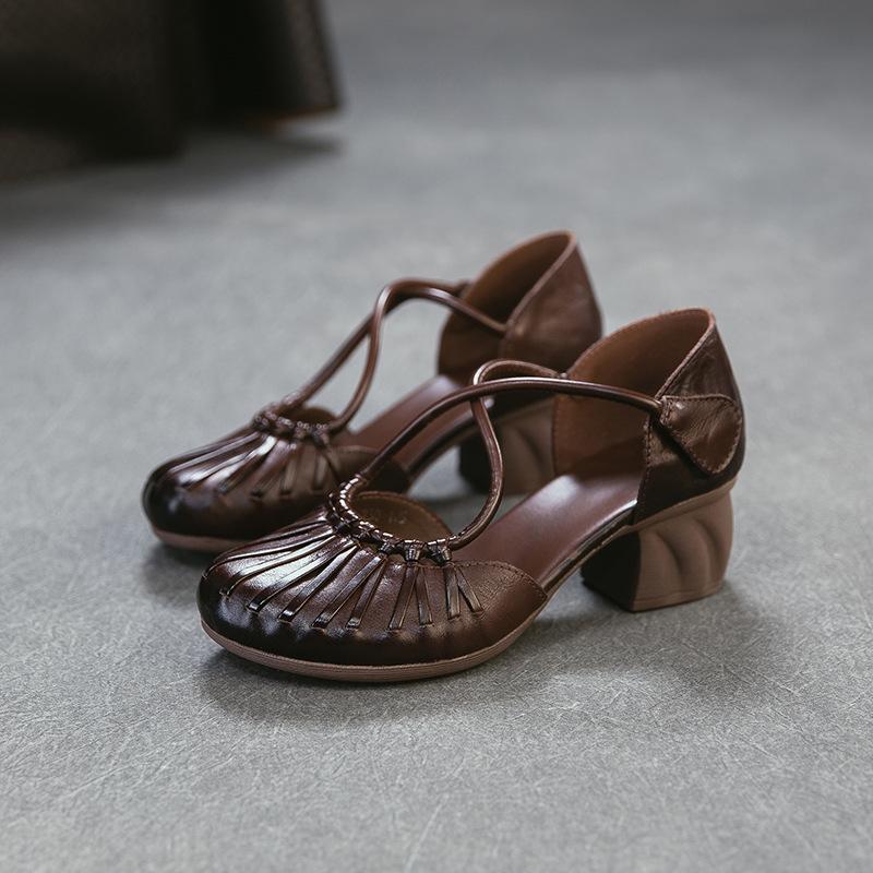 Johnature Genuine Leather French Cross Belt High Heel Sandals Fashionable Versatile Coarse Heel Women's Shoes