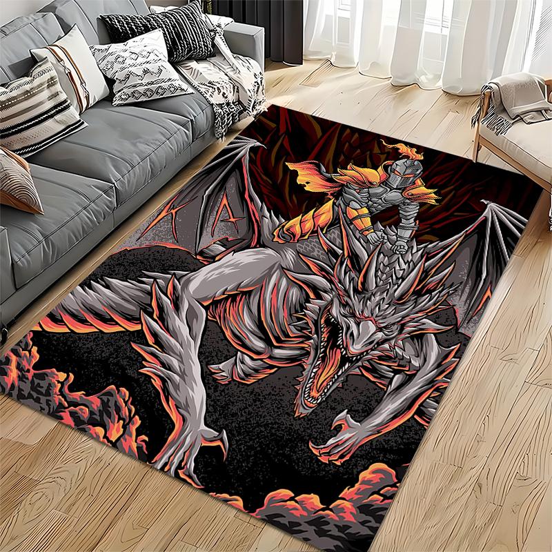 Fire Dragon and Knight Battle Design Carpet, Black and Red Theme Suitable for use as an anti-slip for living room bedroom sofas