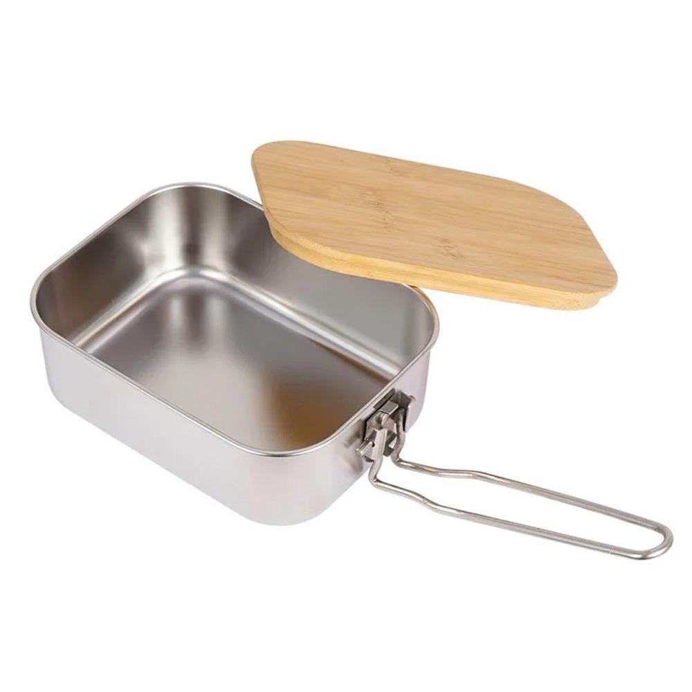 900ML Camping Bento Box Wooden Lid Lunch Box Stainless Steel Bento Box Outdoor Fishing Picnic Lunch Box Pot Chopping Board.