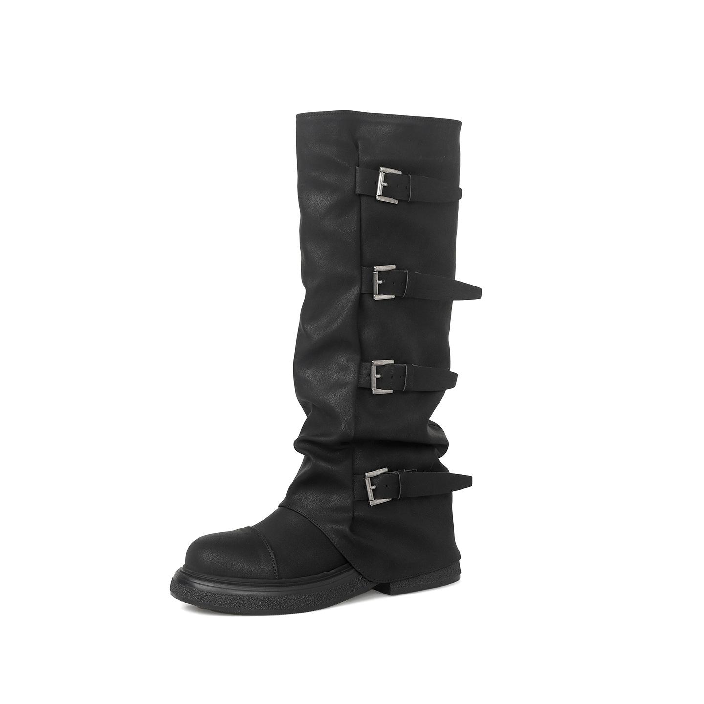 

Boots Women s Coarse Heel Pants Boots British Vintage Knight Boots Fried Street Spice Girl Skinny Wasteland Wind Belt Buckle Boots 40