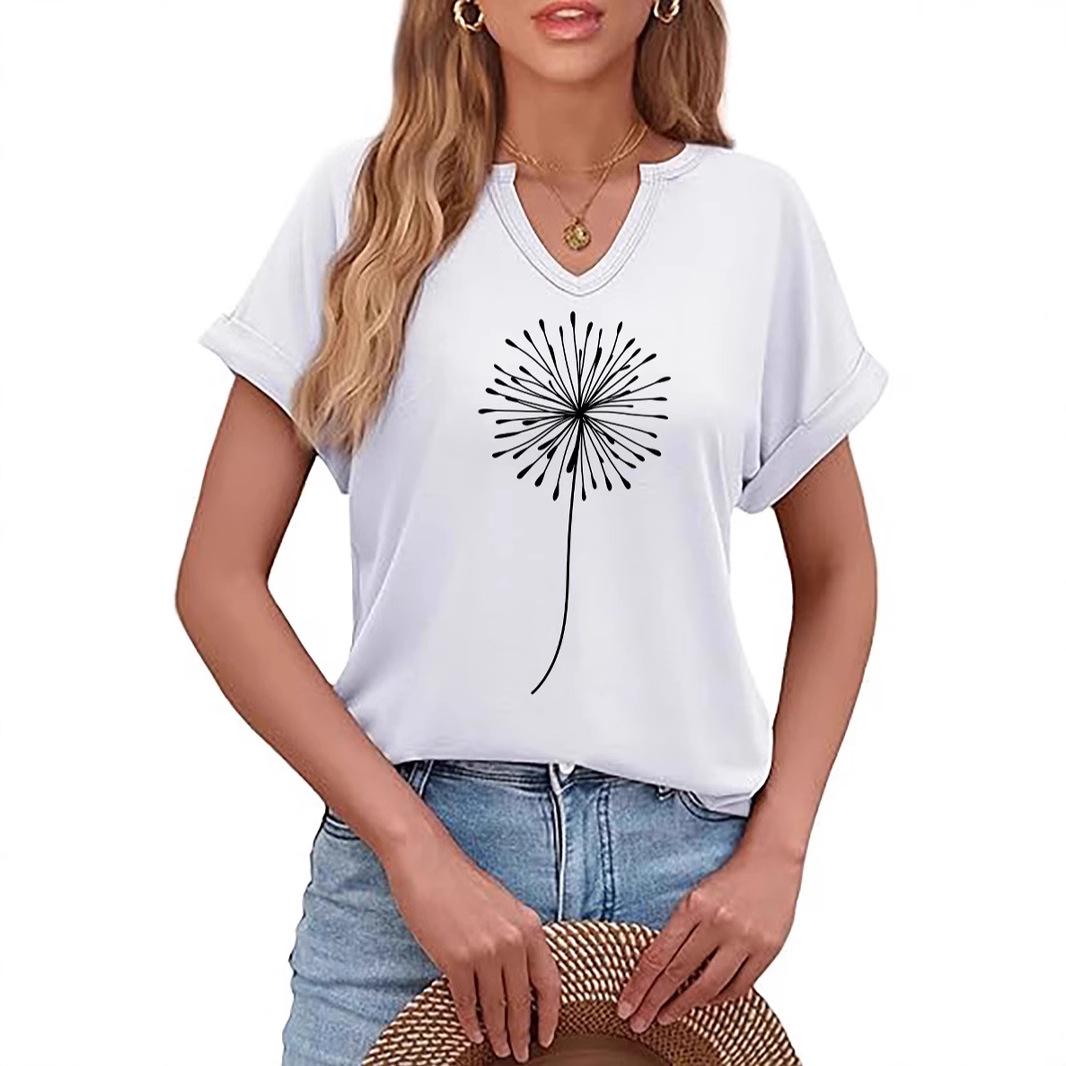 

Women s Dandelion Print V-neck Rolled Sleeve Casual Top Extra Extra Large темно-серого
