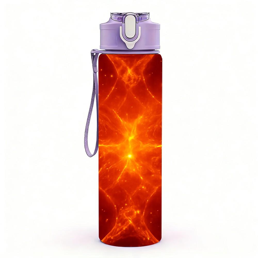 1 Stück Hellrot-Orange Burst Kosmische Energie Aufdruck 750ml Farbe Kunststoff Sportwasserflasche Auslaufsicher Klappdeckel mit Strohhalm Geeignet für Sport Büro Heimgebrauch