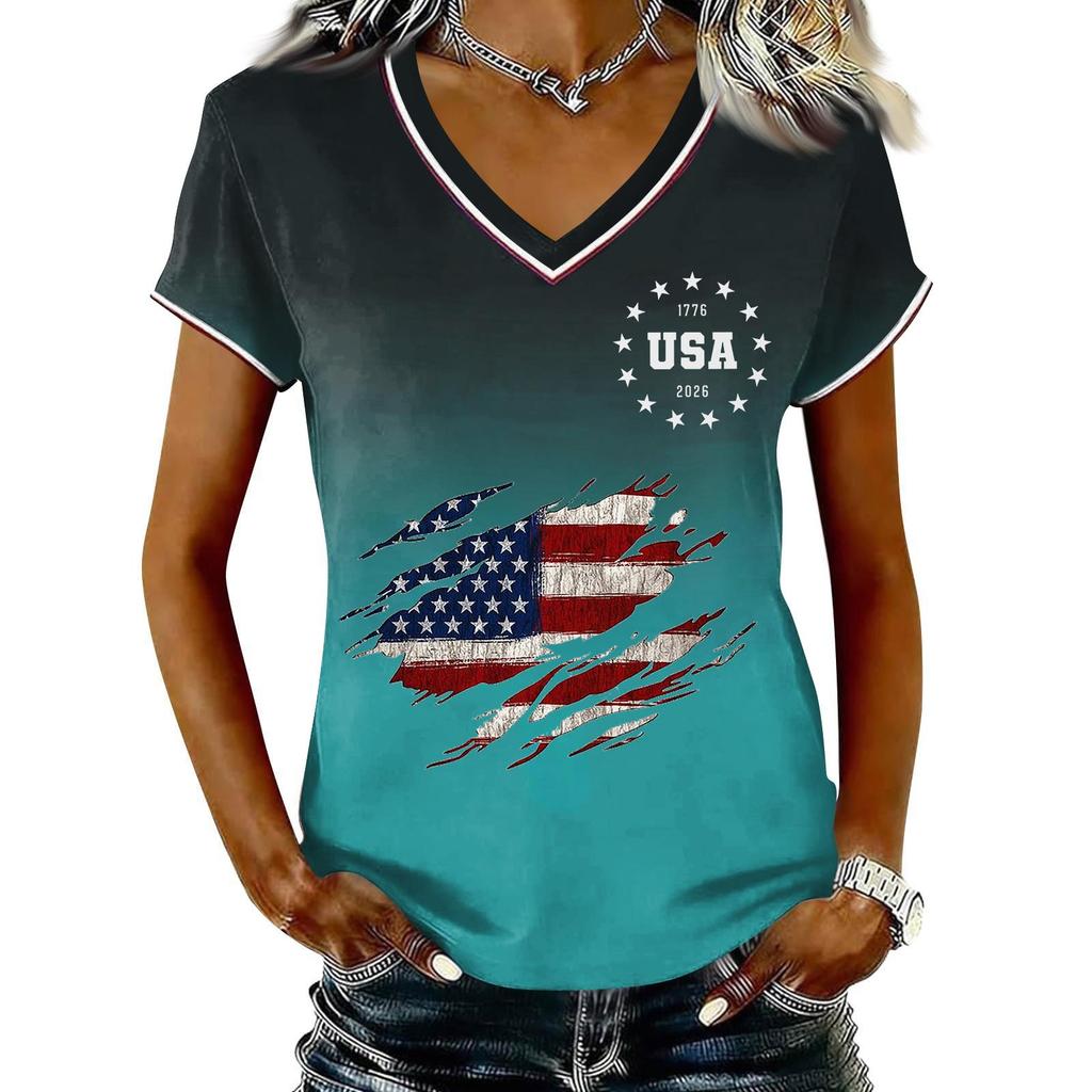 T-shirt Pull Col V Manches Courtes Décontracté pour Femme Imprimé Patriotique Dégradé Haut Jour de l'Indépendance T-shirt Graphique Drapeau USA