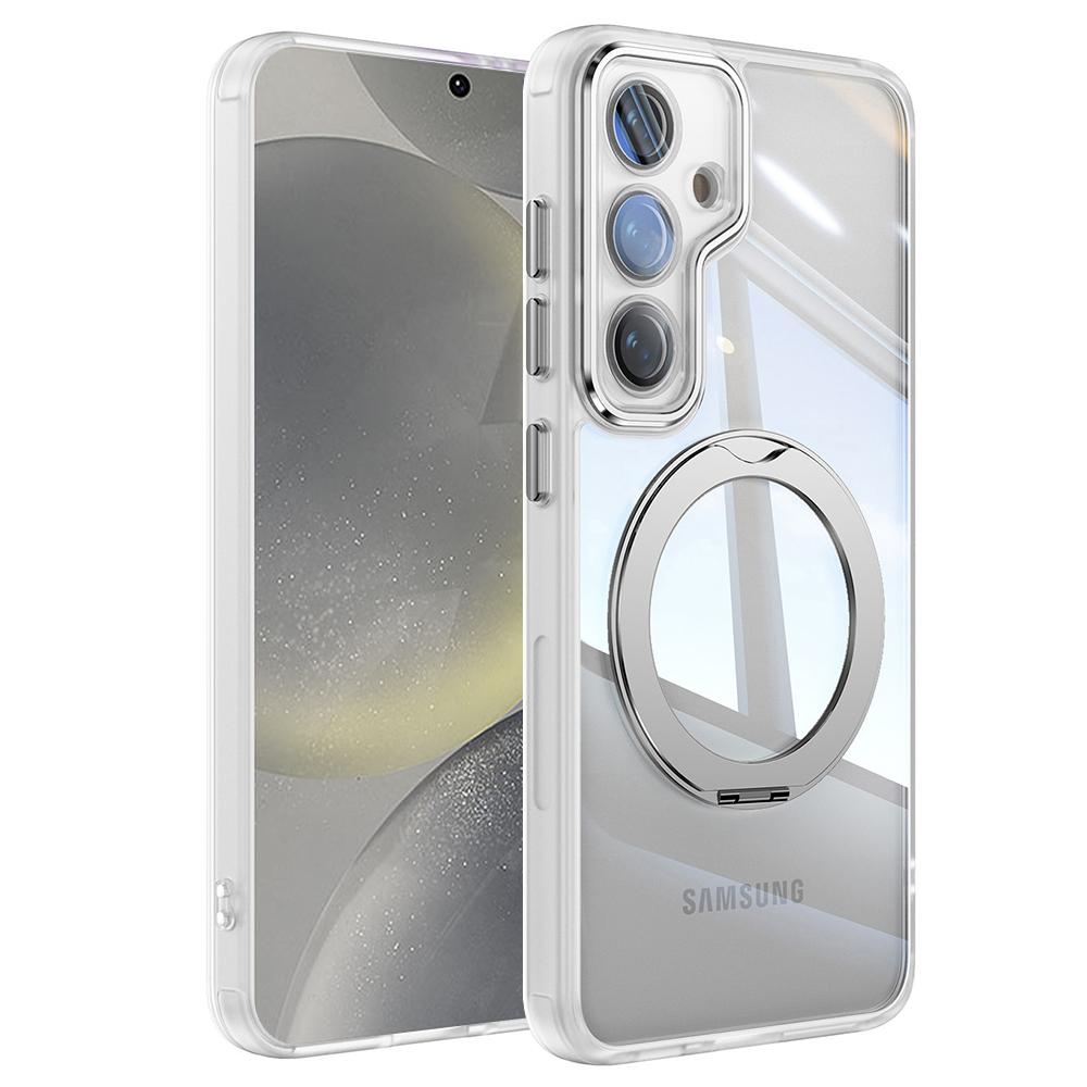 

For Samsung Galaxy S24+ Case Rotatable Magnetic Kickstand TPU+PC Phone Cover with Lens Film Transparent White