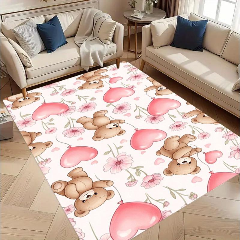 Cartoon Bear Carpet Mat Rug Heart Balloon Pink Romantic Cute Kids Room Non-Slip Home Decoration Living Room Bedroom Floor Mat