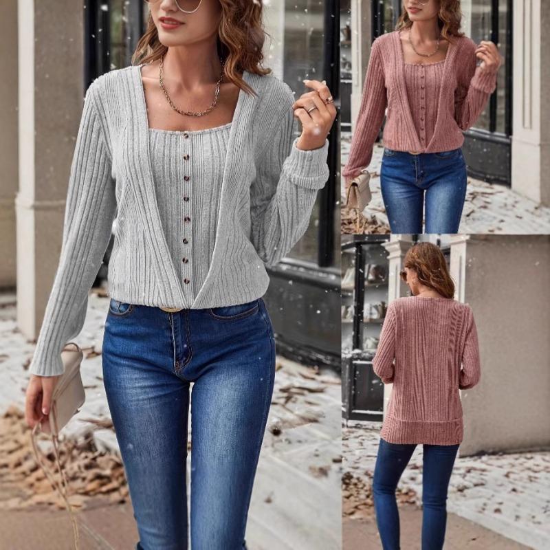 Women S Long Sleeve Square Neck T Shirt Casual Button Solid Color Knit Top