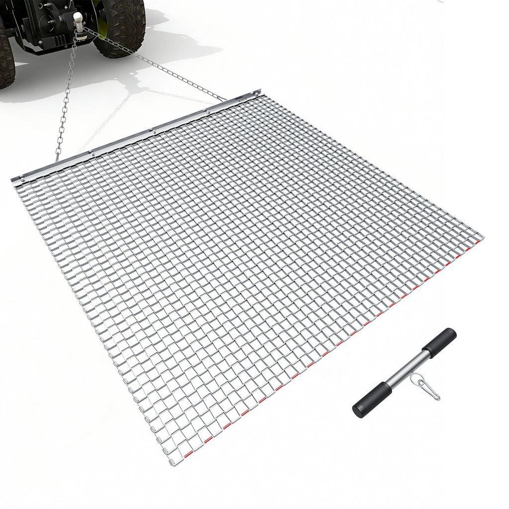 Drag Harrow, 1.2x1.2 M , High-Efficiency Chain Harrow Rake, ATVs UTVs Tractors Attachments, Durable Galvanized Steel Mesh Drag Mat with Towing Chain,