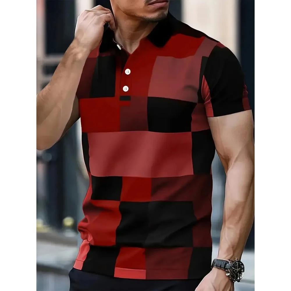Летняя новая мужская рубашка-поло 2026 года — это повседневная и модная уличная одежда в клетку. 3XL красный