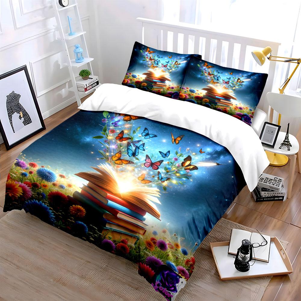 "Butterflies and Book Decor Set" Bedding Set with 1 Duvet Cover 2 Pillowcases Single Double King Queen, Gift