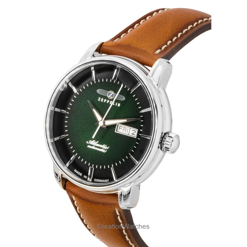 ZEPPELIN Atlantic Brown Leather Strap Green Dial Automatic 84664 Men's Watch