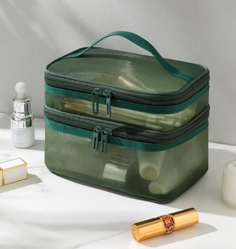 

Large capacity mesh cloth makeup bag travel essentials cosmetics Organizer Women toiletry bag Double layer design cosmetic bag 22x14x15cm зелёный