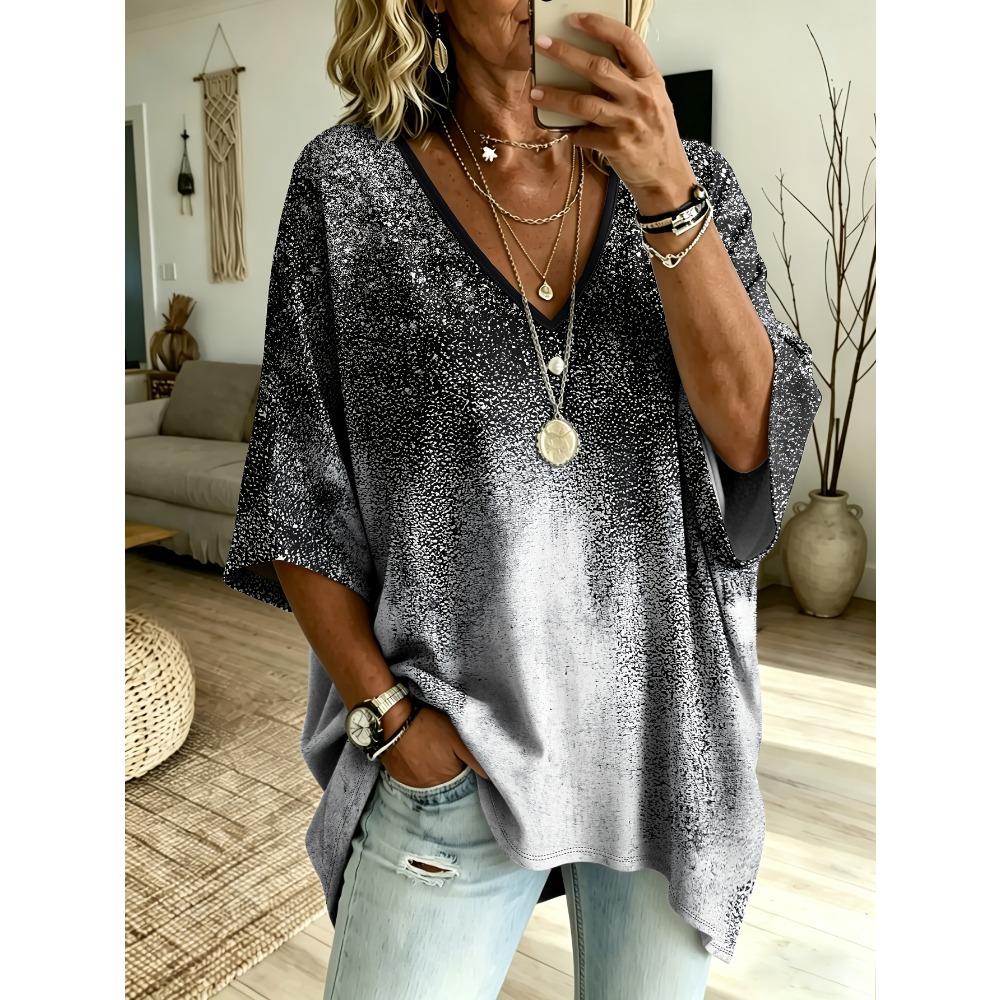 Starry sky black and white spotted print T-shirt, plus size V-neck women's street style, 3/4 bat sleeve casual top