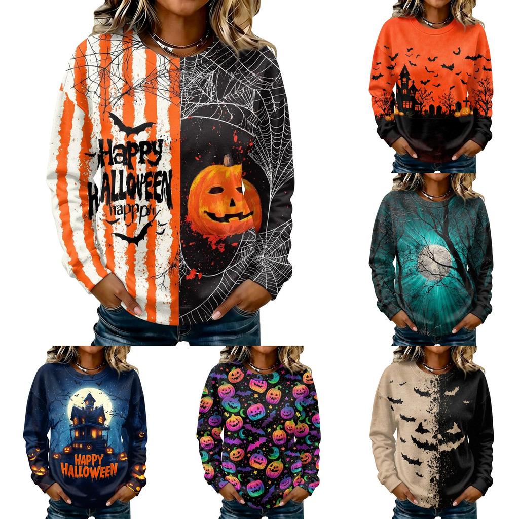 Women's Casual Long Sleeve Halloween Print Crewneck Sweatshirt