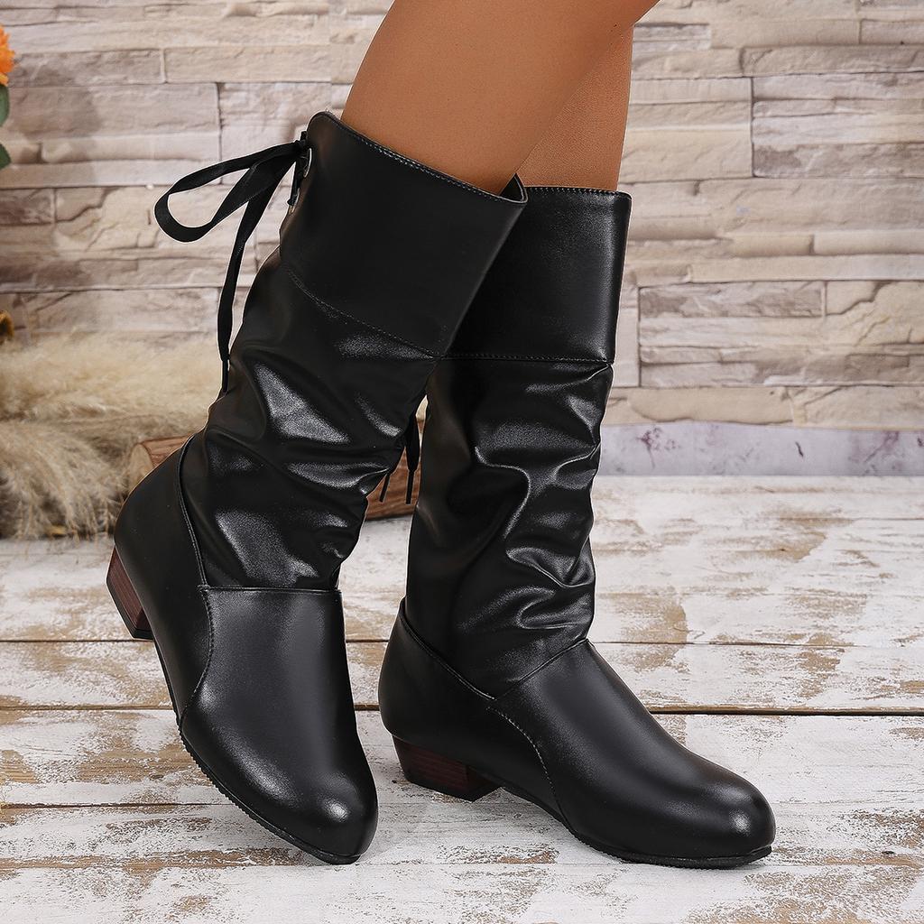 Large Size Lace-Up Thin Tall Boots Women'S Autumn And Winter White Coarse Heel Medium Knight Boots