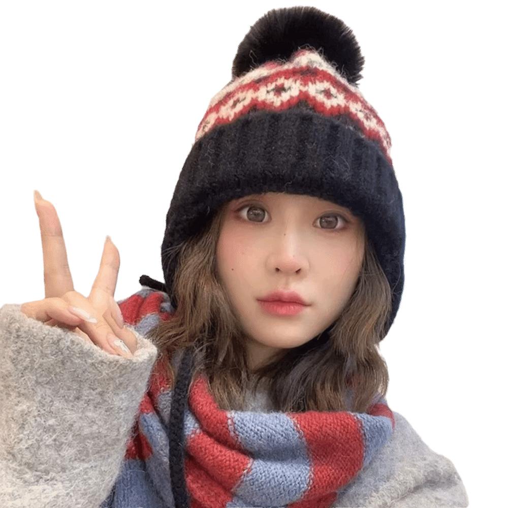 

Зимняя шапка с защитой ушей, утолщенная шапка-бини, модная шапка с помпонами для женщин красный/чёрный