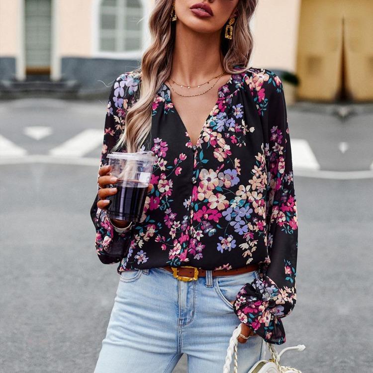 Elegant Women Autumn Floral Blouse Button Tops Shirt V Neck Lantern Sleeve