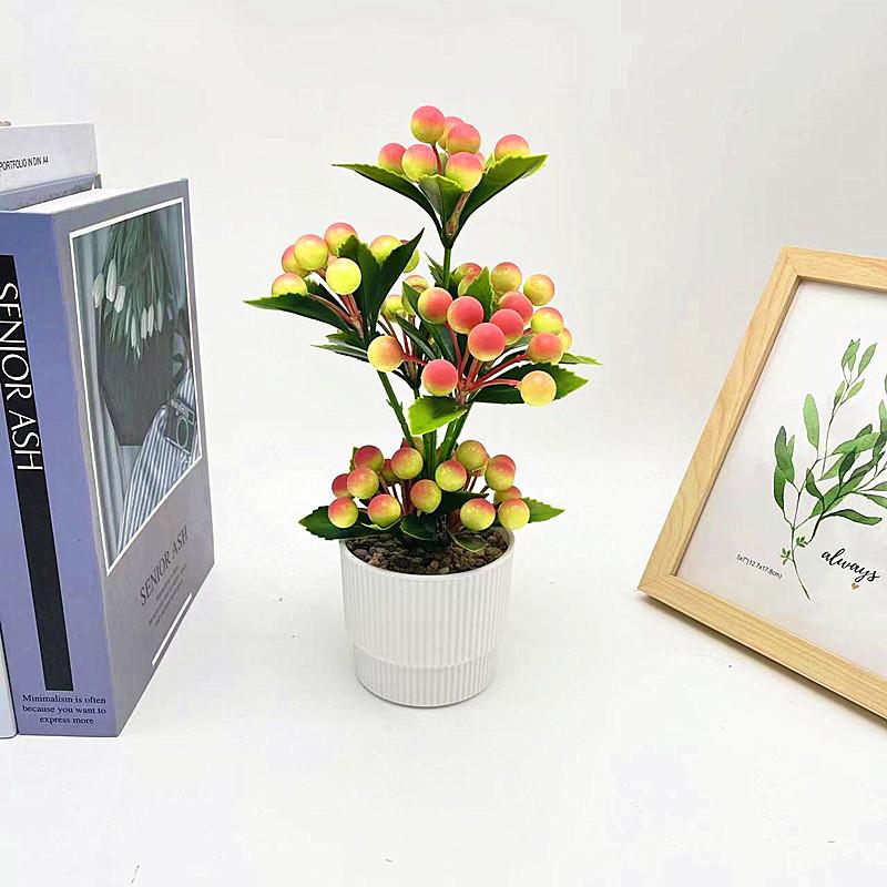 Potted Simulated Berry Plant Artificial Green Plant With Stone Decoration