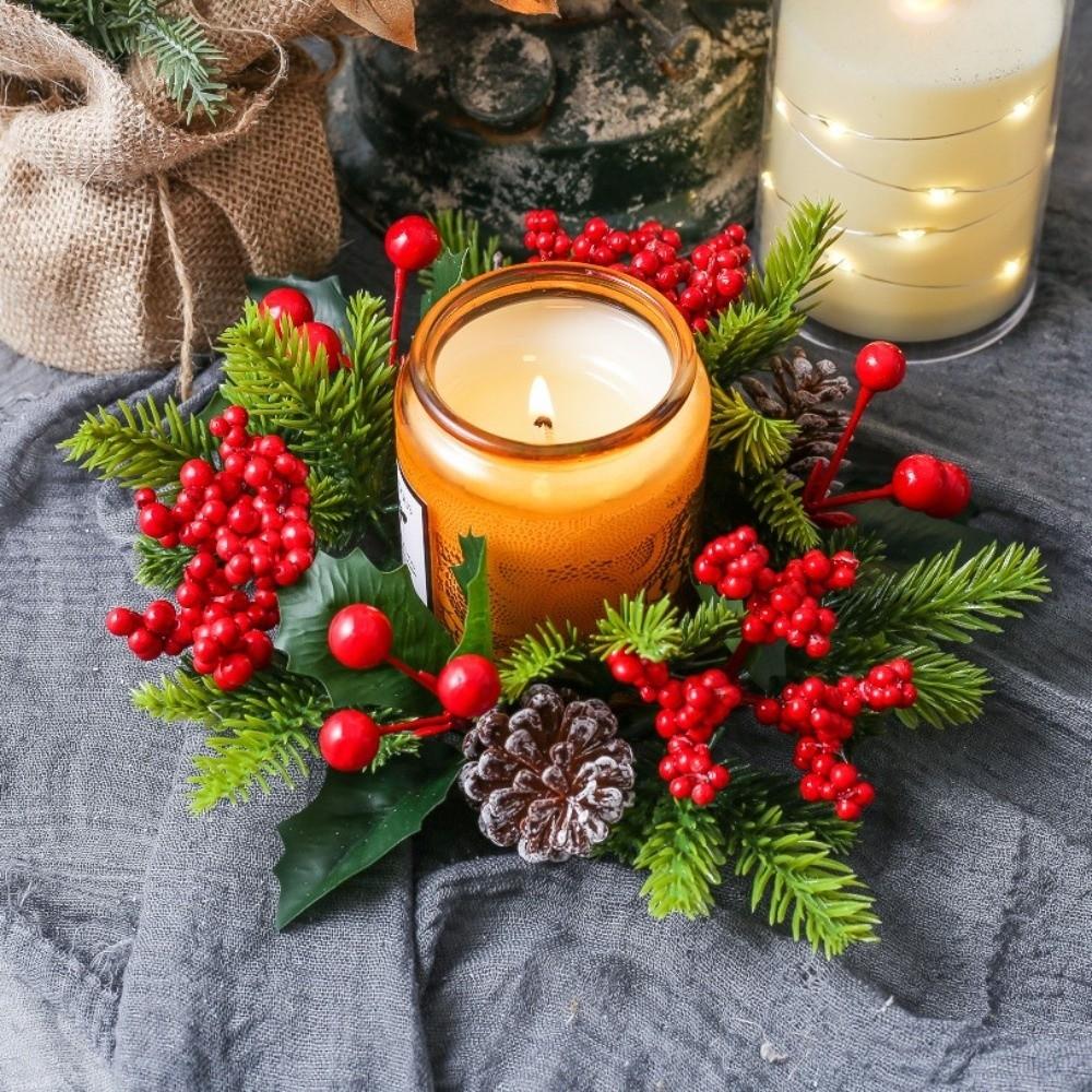 Artificial Berries Pinecone Pine Christmas Wreath Party Decoration Table Home Candlestick Wreaths Xmas Candle Wreath