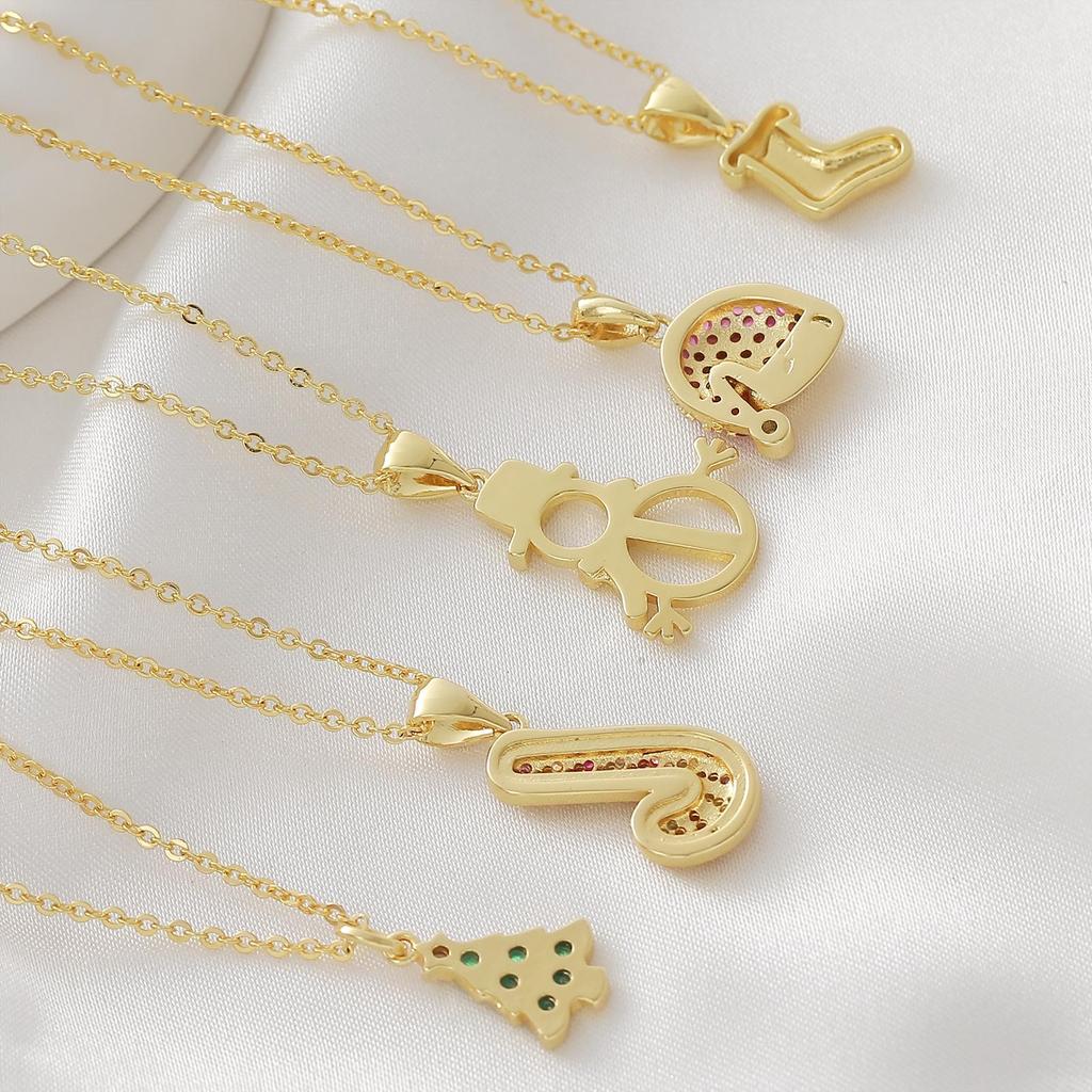 18k Gold Plated Christmas Tree & Snowman Pendant Necklace with Hat, Socks & Scepter - Fashionable Versatile Clavicle Chain.