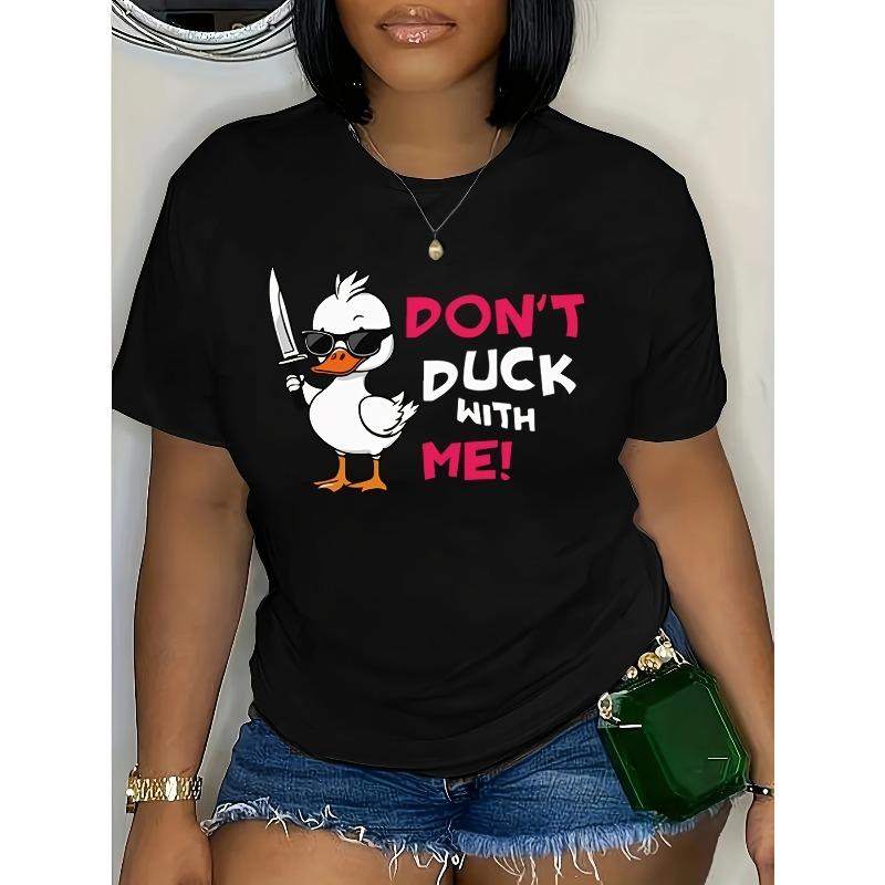 Damen Plus Size Cartoon-Enten-Print Rundhals Kurzarm T-Shirt Lässige Plus Size Kleidung
