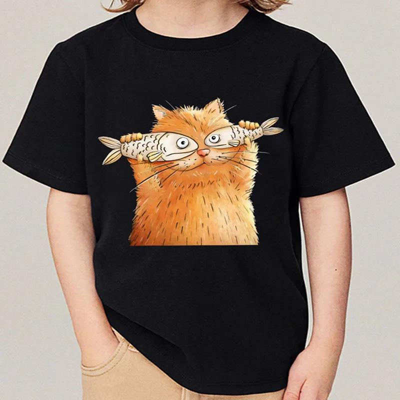 Fish Cat Print Tshirt For Boys Girls Summer Children Casual Cute Funny Colorful Tops Kids Comfortable Oneck Short Sleeve Tees