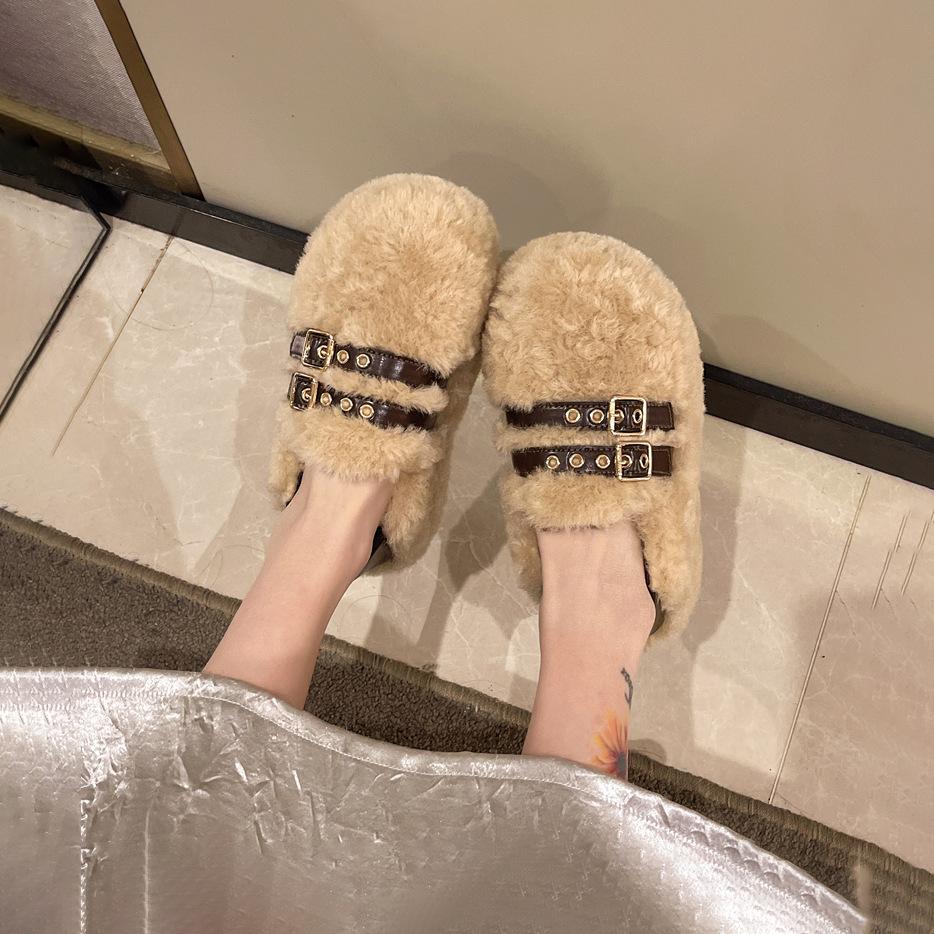 5 cm tjocksulade lammullsskor för kvinnor att bära på hösten och vintern nya lata sammetläderklack bekväma varma bomullsskor