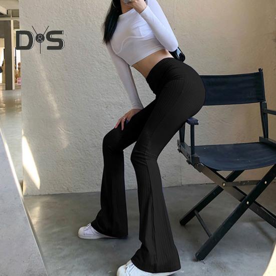 Women Flared Pants High Waist Striped Print Solid Color Casual Trousers Slim Fit Elastic Bottoming Slacks Daily Wear
