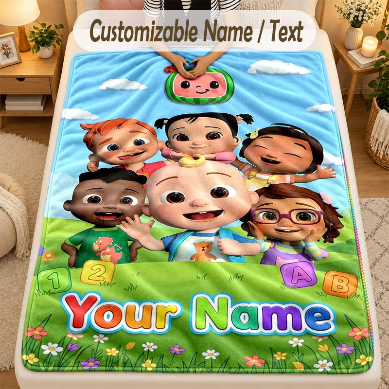 Flannel BlanketCocomelon Custom Name Text Personalized Soft Warm Throw Blanket Home Decor Gift