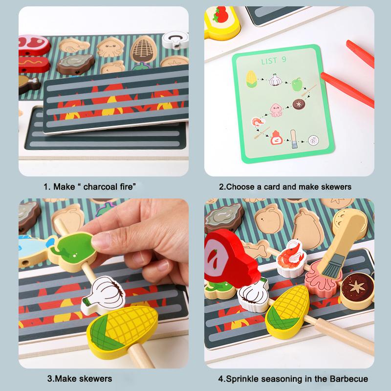 Montessori Wooden Pretend Play Kitchen Toys Dessert Puzzle Toys Simulation Barbecue Pretend Role Indoor Game For Toddlers Age 3+