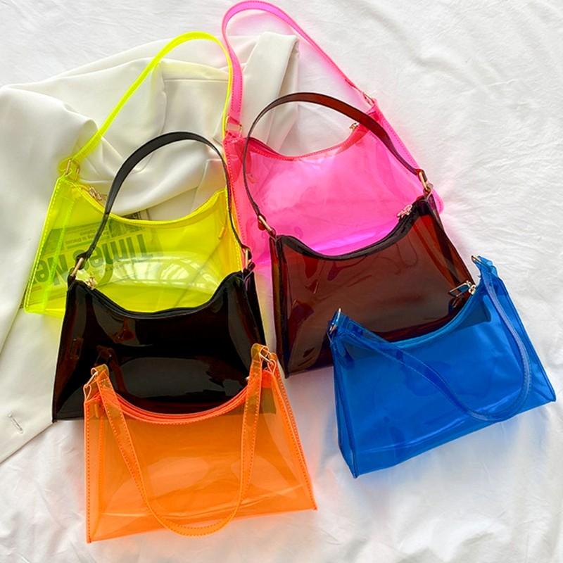 Fashion High Quality Pvc Handbag Transparent Eye-Catching Jelly Bag Zipper Multifunctional Simple Style Women'S Shoulder Bag New