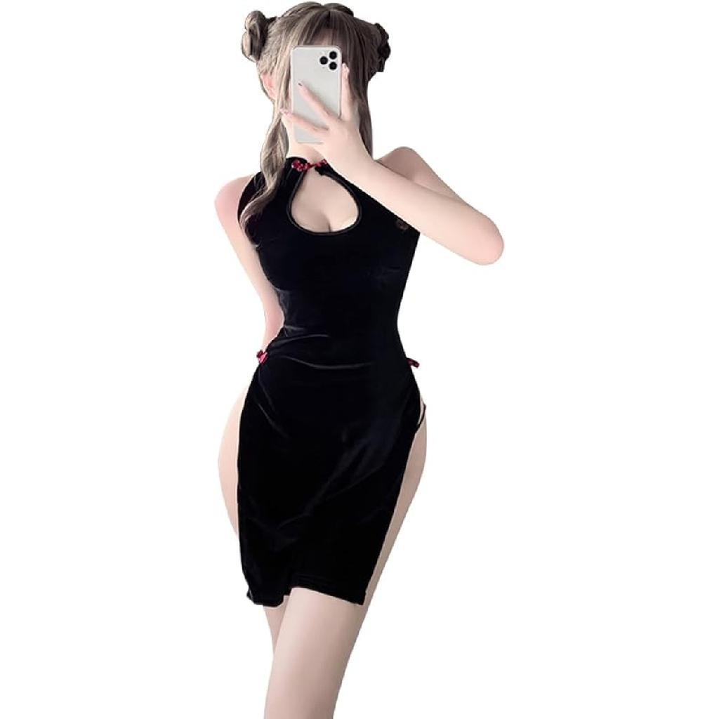 SINGUYUN Chinese Cheongsam Lingerie Retro Print Dress Sexy Anime Cosplay Costume for Women Qipao Babydoll Outfit