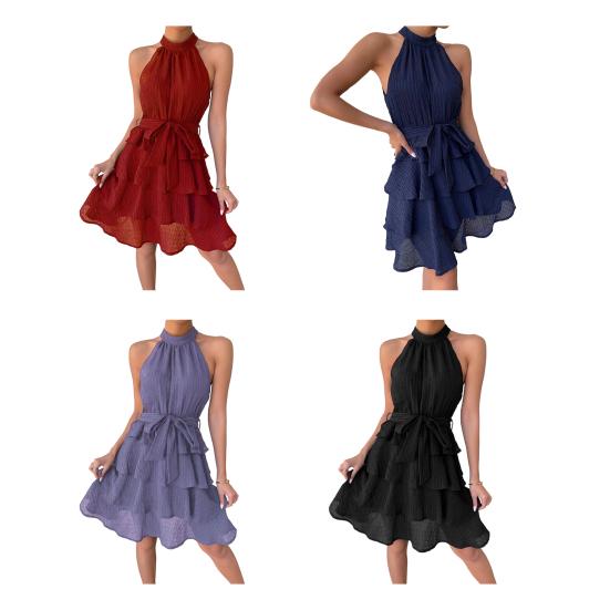 Women Halter Sleeveless Dress Ruffle Layered Swing Dress Loose Lightweight Elegant Solid Color