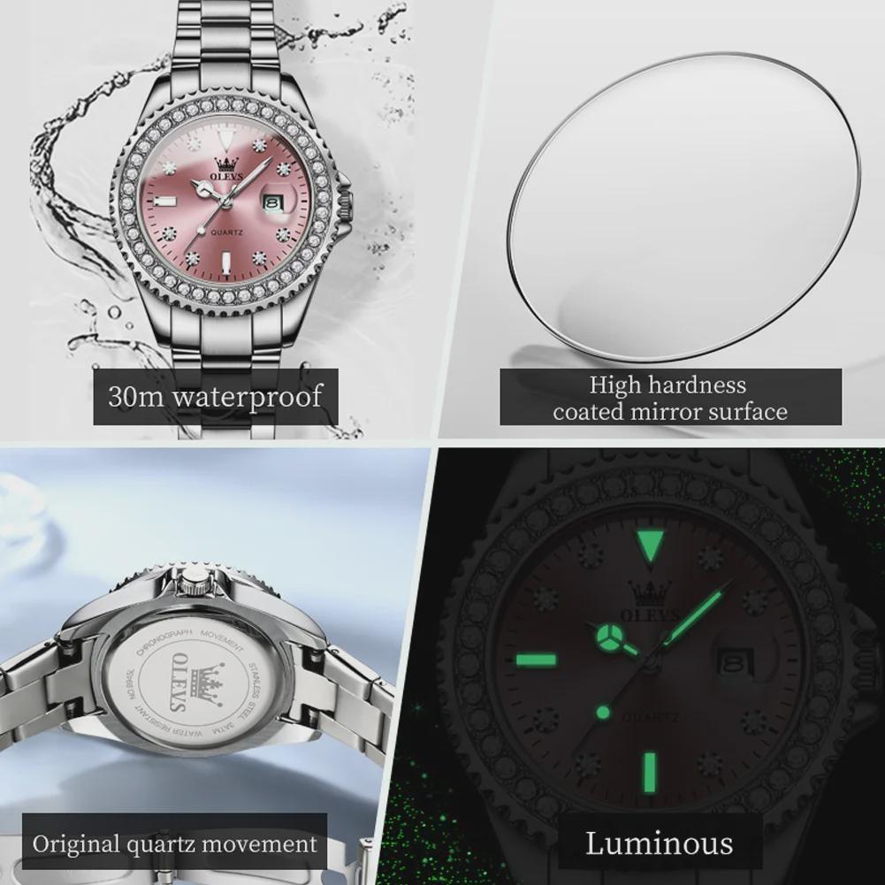 OLEVS Kvartsklokke for kvinner Diamond Dial Luxury Rustfritt stål Vanntett Elegant Dame Mote Topp Merke Dameklokke