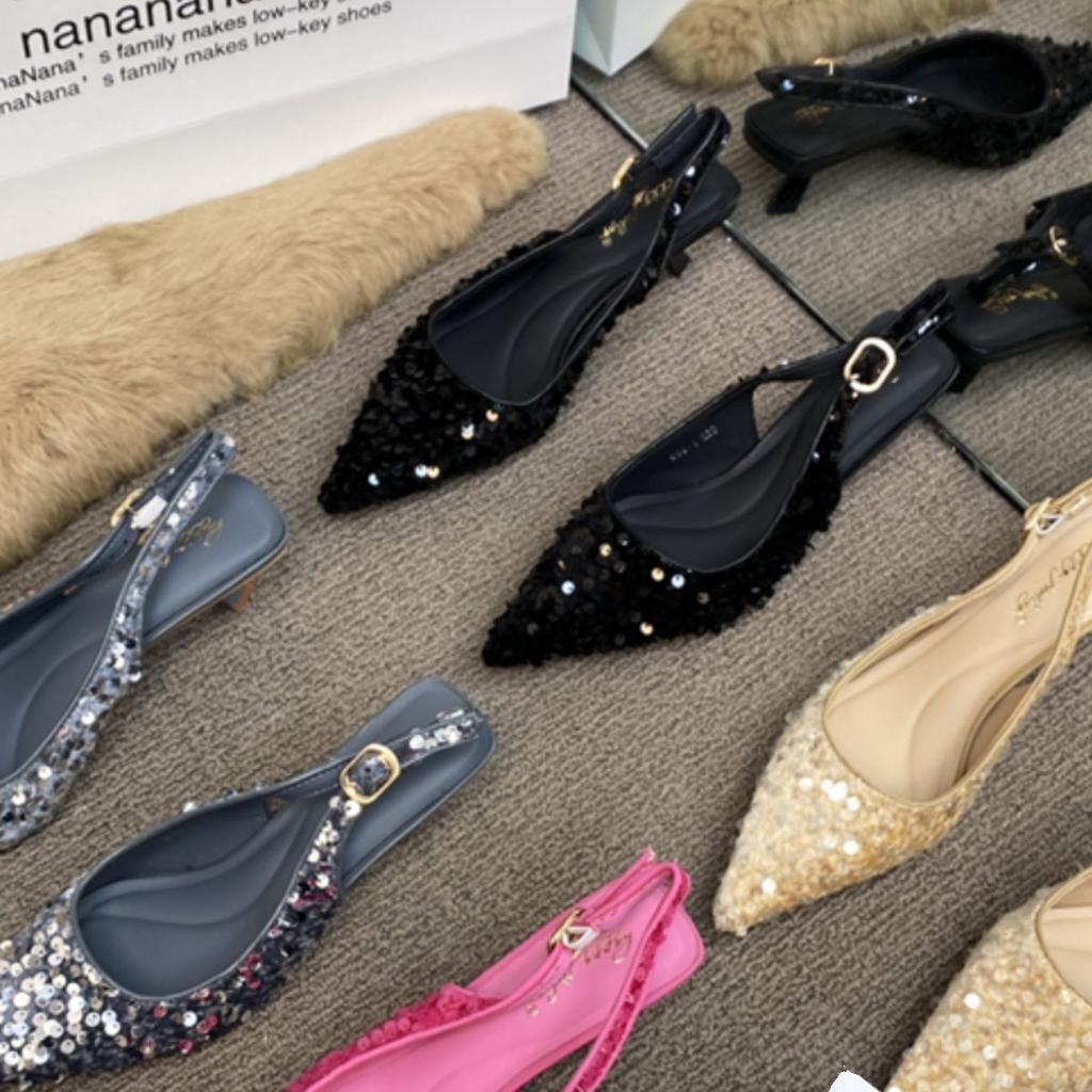 Baotou Sandals Fairy Shoes Spring Pointed Sequins Backstrap High Heel Versatile Women'S Sandals