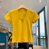 Refined cotton back collar, American front shoulder u-neck short-sleeved t-shirt women's summer solid color