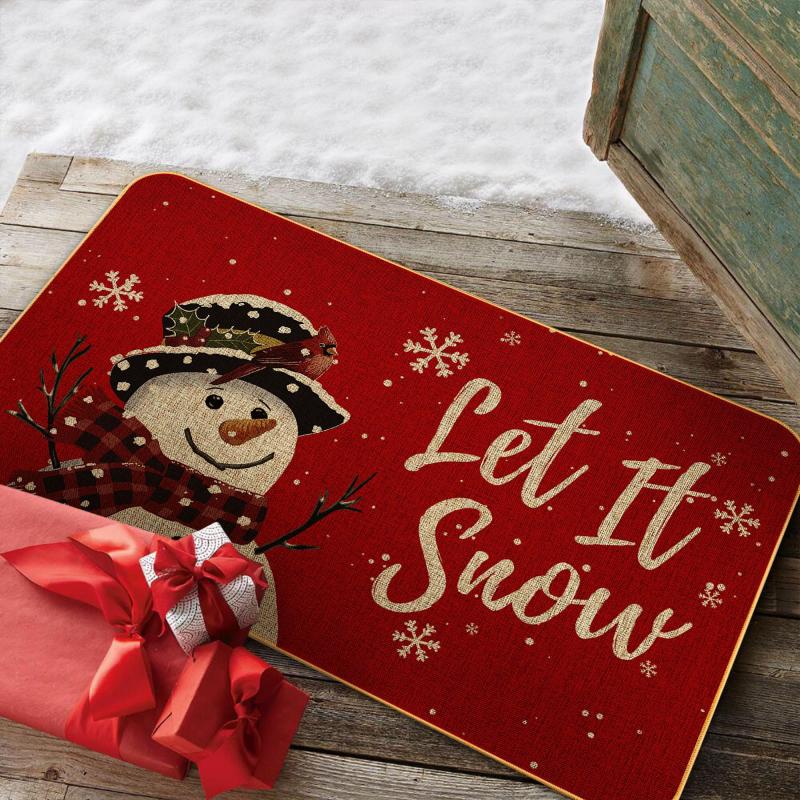 VIKAMA Winter Snowman Entry Doormat Plaid Scarf Snowflake Pattern Non Slip Mat For Porch Indoor Home Xmas Party Decoration
