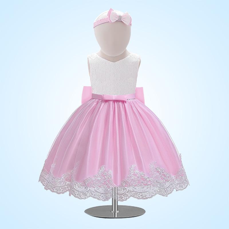 Children's Lace Color Block Birthday Bow Dress